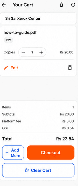 PrintNear cart screen showing checkout review and total
