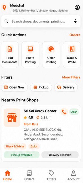 PrintNear home screen showing nearby print shops